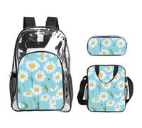 JIUTY Juego de mochila 3 en 1 con estampado de margaritas blancas en fondo azul claro, juego de bolsa transparente para la escuela, trabajo, estadio y transporte diario