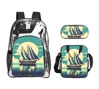 JIUTY Juego de mochila 3 en 1 con estampado de paisaje de velero, juego de bolsa transparente para el trabajo, eventos en el estadio y transporte diario