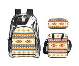 JIUTY Juego de mochila 3 en 1 con estampado nativo americano, bolsa transparente para eventos escolares, trabajo, estadio y transporte diario