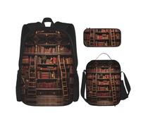 JIUTY Library Bookshelf - Mochila escolar de 16 pulgadas con fiambrera, mochilas grandes para primaria y preescolar, Black, Talla única, Juego de mochila escolar