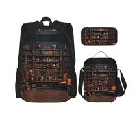 JIUTY Library Bookshelf - Mochila escolar de 16 pulgadas con fiambrera, mochilas grandes para primaria y preescolar, Black, Talla única, Juego de mochila escolar