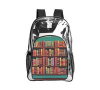 JIUTY Library - Mochila de seguridad transparente con estampado de estantería de PVC, mochila escolar de viaje, bolsillo frontal, malla lateral moderna