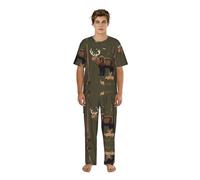 JIUTY Lodge Bear Deer Print - Conjunto de ropa para el hogar para hombre, camiseta de cuello redondo, pantalones relajados, pijamas estampados, regalos para padres hermanos, Negro, M