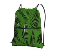 JIUTY Mochila con cierre de cremallera y diseño de hojas de helecho con diseño de plantas naturales, bolsa de hombro con cordón, ligera compacta para entrenamiento y sesiones