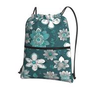 JIUTY Mochila con cierre de cremallera y estampado floral gris azulado y blanco, bolsa de hombro con cordón, ligera compacta para entrenamiento y sesiones