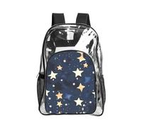 JIUTY Mochila de seguridad transparente con estampado de cielo y estrellas azul marino, de PVC, para la escuela, bolsillo frontal, bolsillo lateral, malla moderna