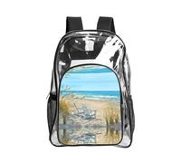JIUTY Mochila de seguridad transparente con estampado de escena de playa con sillas, de PVC, para escuela, viajes, bolsillo frontal, malla lateral, moderna, utilidad