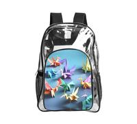 JIUTY Origami - Mochila de seguridad transparente con estampado de grúas de papel, multicolor, de PVC, para escuela, viajes, bolsillo frontal, malla lateral, moderna, utilidad