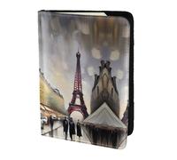 JIUTY Pintura al óleo París Street Scene Torre Eiffel impresión de pasaporte para mujeres y hombres, cartera de viaje de cuero vacuno, accesorios de cubierta de documentos de viaje, Black, Talla única