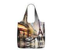 JIUTY Pintura al óleo París Street Scene Torre Eiffel Impresión Plegable Reutilizable Porta Compras 25L Bolsa de Poliéster Bolsa de Viaje Fin de Semana Bolsa de Regalo