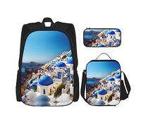 JIUTY Santorini Greek Island Sea View - Mochila escolar de 16 pulgadas con fiambrera, mochilas grandes para primaria y preescolar, Black, Talla única, Juego de mochila escolar