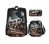 JIUTY Steam Locomotora Train - Mochila escolar de 16 pulgadas con fiambrera, mochilas grandes para primaria y preescolar, Black, Talla única, Juego de mochila escolar