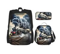 JIUTY Steam Train Clouds - Mochila escolar de 16 pulgadas con fiambrera, mochilas grandes para primaria y preescolar, Black, Talla única, Juego de mochila escolar