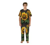 JIUTY Sunflowers In The Weeds - Conjunto de ropa para el hogar para hombre, camiseta de cuello redondo, pantalones relajados, pijamas estampados, regalos para padres hermanos, Negro, XL