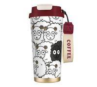JIUTY Taza de café con diseño de oveja negra y blanca de dibujos animados en acero inoxidable 316 con tapa sin BPA que mantiene el calor y el frío durante horas
