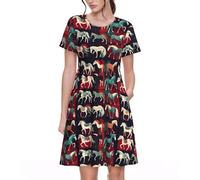 JIUTY Various Kinds of Horses - Vestido de manga corta para mujer, con bolsillos, casual, acampanado, para verano, hasta la rodilla, cintura elástica para uso diario, Negro, XXL