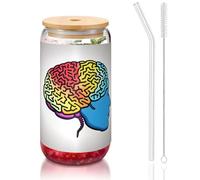 JIUTY Vasos de vidrio con impresión de cerebro izquierdo y derecho con tapas y popote de vidrio, 1 taza de vidrio de 16 onzas, vasos de café helado de cerveza