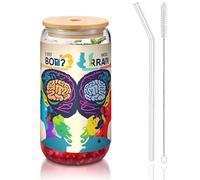 JIUTY Vasos de vidrio con impresión de ventaja para cerebro izquierdo y derecho con tapas y popote de vidrio, 1 taza de vidrio de 16 onzas, vasos de café helado de cerveza
