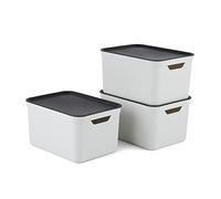 Jive Dekobox Juego de 3 cajas de almacenamiento de 16l con tapa, Plástico (PP reciclado), blanco/antracita, 3x16l (37.5 x 27.8 x 29.8 cm)