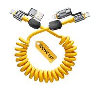 Jixivor Cable en espiral y clip 4 en 1 USB C de 100 W compatible con cable Lightning de carga rápida y transferencia de datos, compatible con CarPlay y Android Auto, cargador combinado de cable