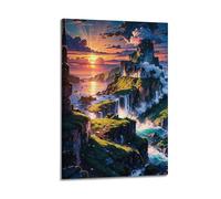 JIYAYCU Póster de cascada con escena del crepúsculo del castillo, cuadro decorativo sobre lienzo, 60 x 90 cm
