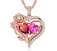 JIYVY32 Forever Love - Collares de corazón con piedra natal doble de oro rosa para mujer, joyería fina de oro rosa, collares con colgante de corazón, regalo de cumpleaños, aniversario, Navidad, para