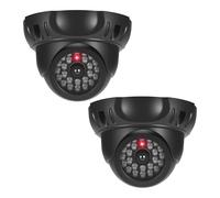 JIZZU Camara Falsa, 2Pcs Camara Falsa Vigilancia Exterior con LED Rojo Parpadeante, Cámara Simulada de Seguridad con 2Pcs Señales de Advertencia para Interior y Exterior (Negro)