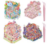 JIZZU Juego de pegatinas 3D House, 4 unidades 3D en miniatura para casa, con fondo y pinzas, juego de bricolaje para niños y adultos