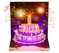 JIZZU Tarjetas Cumpleaños, Tarjeta Cumpleaños Original con Fuegos Artificiales con Música y Luces Vela Soplable, Premium 3D Pop-Up de Fuegos Artificiales Postal Cumpleaños para Mujeres, Hombres, Niños