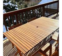 JJ. Mesa de jardín de madera plegable, 150 cm, junio, 4/6 pers. Bandeja de 150 x 80 cm, ideal para 4 a 6 personas, agujero previsto para un parasol de madera natural claro