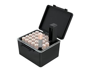 JJC 28 Fächer AA Batterie Organizer Aufbewahrungskoffer mit Batterietester, Wasserabweisender Harthalter Batterien Organizer mit abnehmbarem Batterieprüfer für 28 AA-Batterien