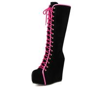 JJDFW - Botas altas hasta la rodilla para mujer, plataforma sexy, tacones de cuña, con cordones, puntera redonda, color negro, zapatos de baile para niñas, Pink, 41 1/3 EU