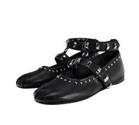 JJDFW Fashion Design Zapatos Planos de Mujer con Tira en el Tobillo y Remaches metálicos, Mocasines Redondos Plisados Suaves y cómodos, Sandalias Tipo Mule Mary Shoe para Mujer.