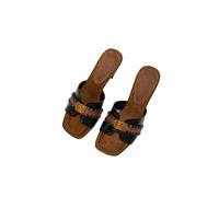 JJDFW - Sandalias de tacón alto y grueso con punta cuadrada para mujer, con costuras tejidas, placa de logotipo de metal, sandalias de tacón para vestir de verano, Black, 36.5 EU