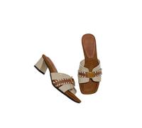 JJDFW - Sandalias de tacón alto y grueso con punta cuadrada para mujer, con costuras tejidas, placa de logotipo de metal, sandalias de tacón para vestir de verano, albaricoque, 36.5 EU