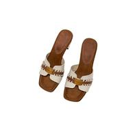 JJDFW - Sandalias de tacón alto y grueso con punta cuadrada para mujer, con costuras tejidas, placa de logotipo de metal, sandalias de tacón para vestir de verano, beige, 36.5 EU