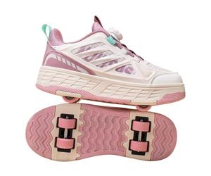 JJDFW - Tenis de doble fila para niños con parte superior de malla y cierre de bloqueo giratorio, ruedas de poliuretano, ruedas retráctiles para caminar y patinar, negro, marrón y rosa
