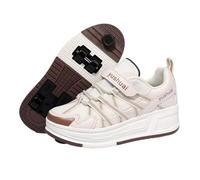 JJDFW - Tenis retráctiles de 4 ruedas para niños con freno, zapatos 2 en 1 para caminar y patinar, parte superior de malla con correa de y cierre de encaje, suela gruesa, blanco morado, marrón arroz