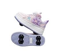 JJDFW - Tenis retráctiles de cuatro ruedas para niños, parte superior de malla con cierre giratorio y diseño de estrella, suela ligera para caminar y patinar, 2 en 1, rosa y morado