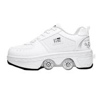 JJDFW - Tenis retráctiles de doble fila para niños, piel perforada y parte superior de malla con cierre de encaje, opciones de caña baja y alta, para caminar y patinar 2 en 1, negro, blanco y naranja