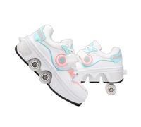 JJDFW - Tenis retráctiles de doble fila para niños, piel perforada y parte superior de malla con cierre de encaje, opciones de caña baja y alta, para caminar y patinar 2 en 1, negro, blanco y naranja