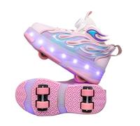 JJDFW - Tenis retráctiles de doble rueda para niños con luces LED, parte superior de malla con diseño de llama, cierre de bloqueo giratorio, suela gruesa media superior para caminar y patinar, rosa