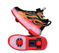 JJDFW - Tenis retráctiles de doble rueda para niños con luces LED, parte superior de malla con diseño de llama, cierre de bloqueo giratorio, suela gruesa media superior para caminar y patinar, rosa