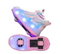 JJDFW - Tenis retráctiles de doble rueda para niños con luces LED, parte superior de malla con diseño de llama, cierre de bloqueo giratorio, suela gruesa media superior para caminar y patinar, rosa