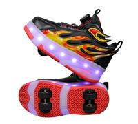 JJDFW - Tenis retráctiles de doble rueda para niños con luces LED, parte superior de malla con diseño de llama, cierre de bloqueo giratorio, suela gruesa media superior para caminar y patinar, rosa