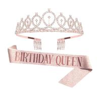 JJiaoLinin Corona Cumpleaños Cinturón de Cumpleaños Tiaras de Niña,Corona Banda Cumpleaños Mujer Tiara Corona y Faja de Oro Rosa Accesorios de Cumpleaños con Purpurina Dorada Rosa para Mujeres Niñas