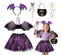 JJKOL Disfraz de murciélago para niños y niñas, 6 unidades, juego de murciélagos de Halloween de 3 a 8 años, con alas de murciélago y tocado, tutú, varita mágica, pegatinas para bolsas de caramelos