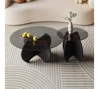 JJuego de 2 Mesas de Centro Modernas - Cristal Templado y Patas de Madera, Estilo Vintage para Salón, Balcón u Oficina (Montaje Rápido y Sencillo)(Black,80cm+50cm)