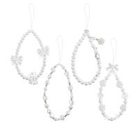 JJUNW 4 correas de pulsera con cuentas para teléfono, bonitos dijes para teléfono, correa de perlas con cuentas de mariposa, lazo, flor, bonito cordón de muñeca para cámara, llavero, cartera