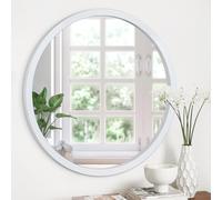 JJUUYOU Espejo de pared circular rústico de 60 cm para decoración del hogar, espejo redondo blanco para baño, espejo de marco de madera montado en la pared para sala de estar, dormitorio, baño o